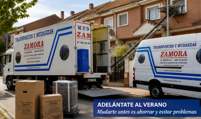 Camión y furgoneta de Mudanzas Zamora realizando una mudanza con elevador en una vivienda en Alcalá de Henares.