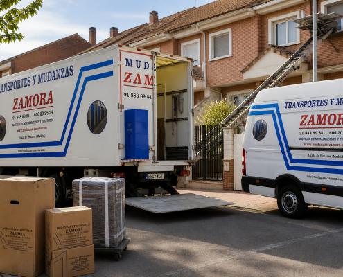 Camión y furgoneta de Mudanzas Zamora realizando una mudanza en una vivienda en Alcalá de Henares.