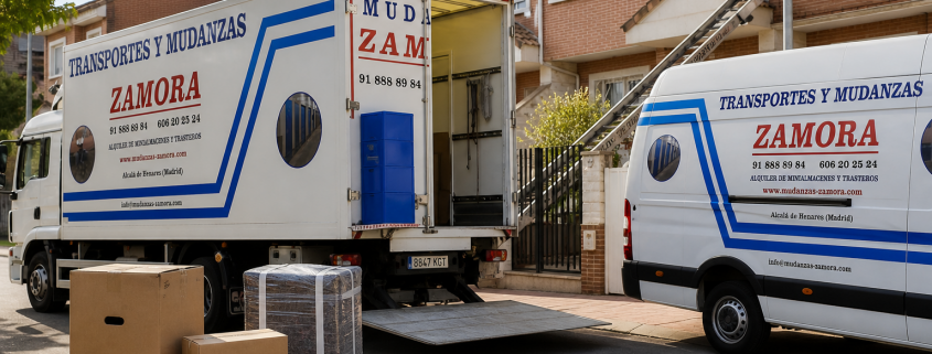 Camión y furgoneta de Mudanzas Zamora realizando una mudanza en una vivienda en Alcalá de Henares.