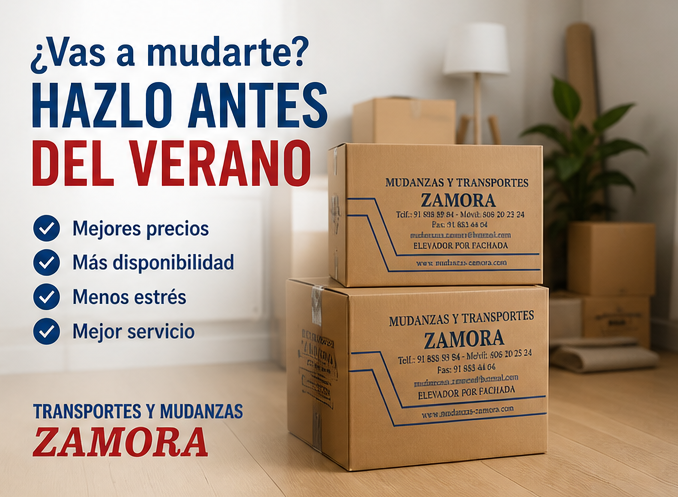 Cajas de mudanza de Mudanzas Zamora apiladas en una vivienda listas para traslado antes del verano.