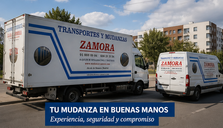 Camión y furgoneta de Mudanzas Zamora estacionados durante un servicio de mudanza en zona urbana.