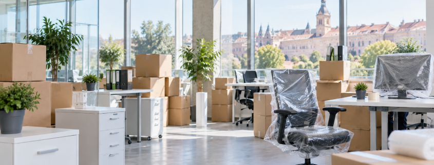 Oficina moderna preparada para una mudanza de oficina en Alcalá de Henares con cajas, muebles protegidos y material embalado