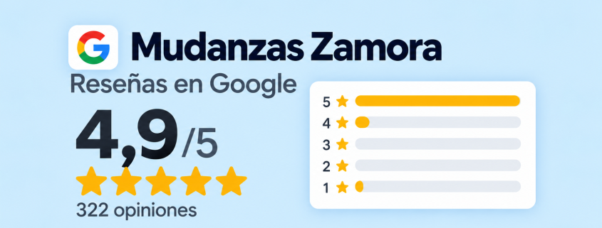 Opiniones de Mudanzas Zamora en Google con 322 reseñas y valoración media de 4,9 sobre 5